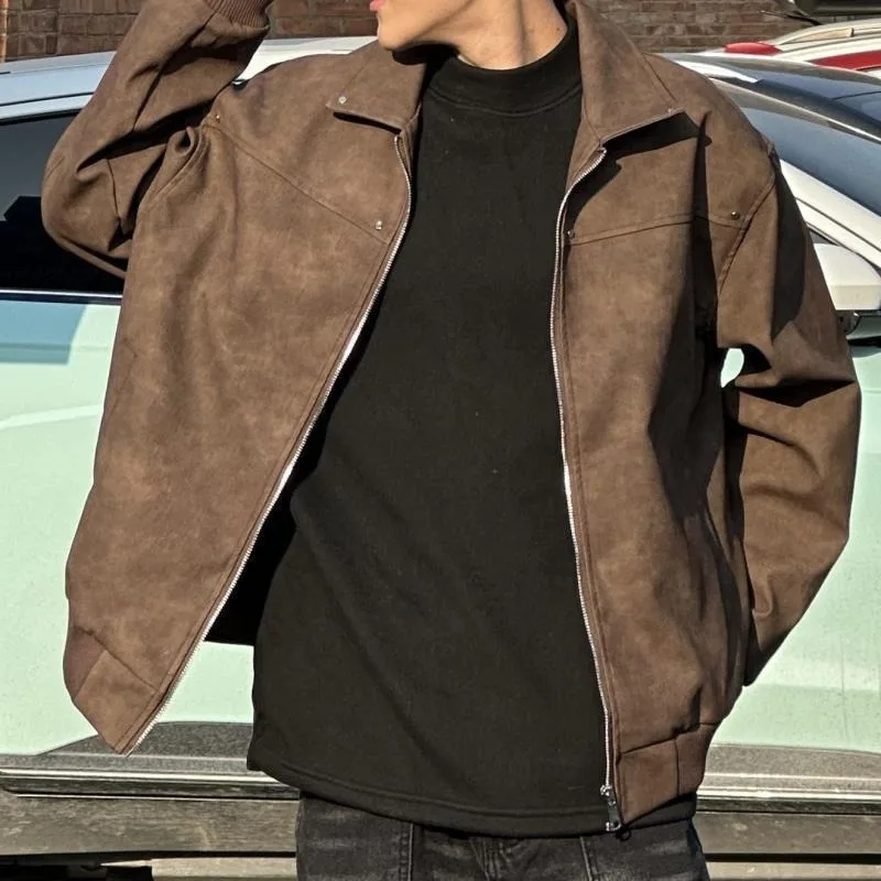 سترة جلدية قصيرة كلاسيكية أمريكية كاجوال للجنسين معطف شتوي سميك ودافئ للخروج ​