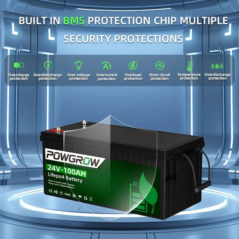 POWGROW LiFePo4 Batterij 12V 24V 100AH 200AH Lithium-ijzerfosfaat Ingebouwde BMS Klasse 7000 Cycli Zonne-energie Kamperen EU VOORRAAD