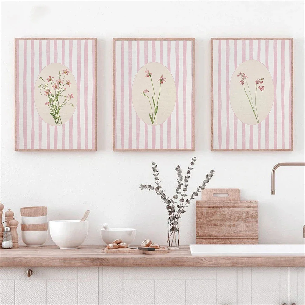Pink Floral Blue Striped Botanical Poster Canvas Painting Print Neutral Cottagecore Wall Art Picture for Living Room Home Decor