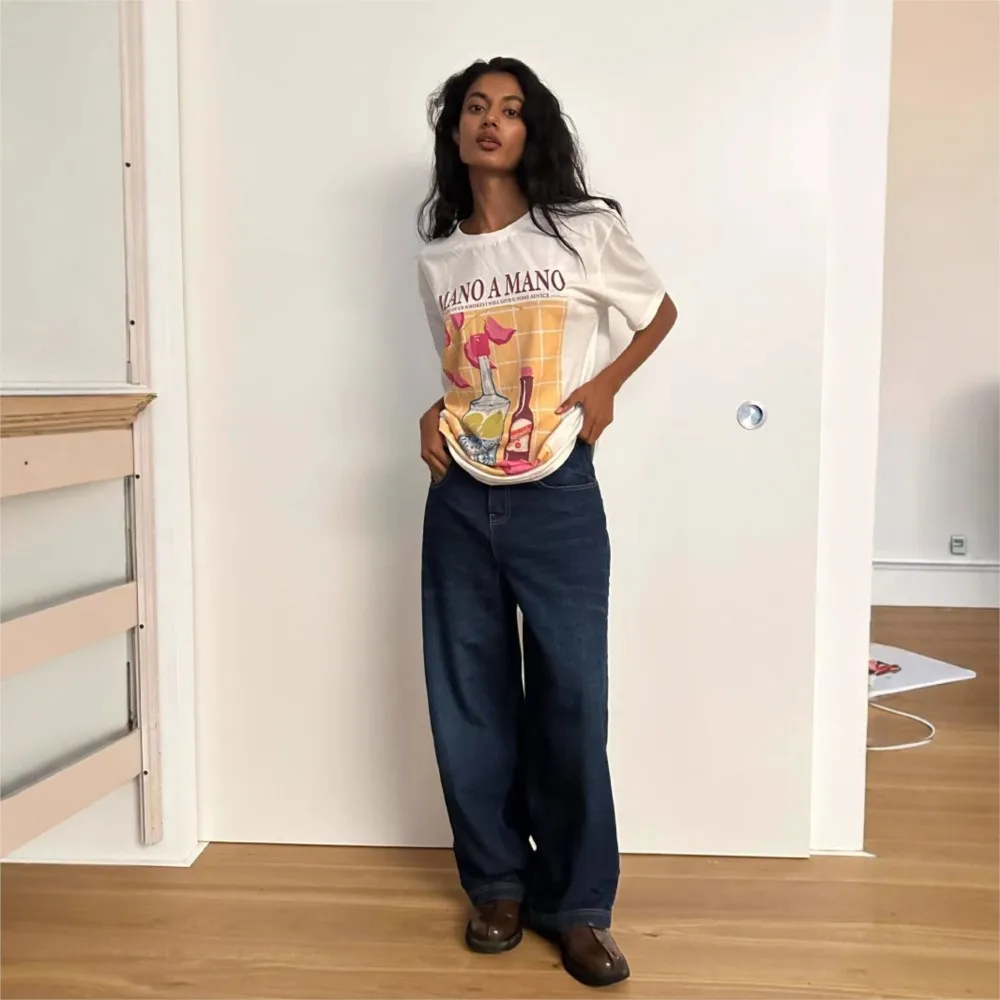 

2026 Summer Casual Blusas Short Sleeve Tops T Shirt Tees Simple Style Lady All-match Street Style Fashion Printed Loose Contrast