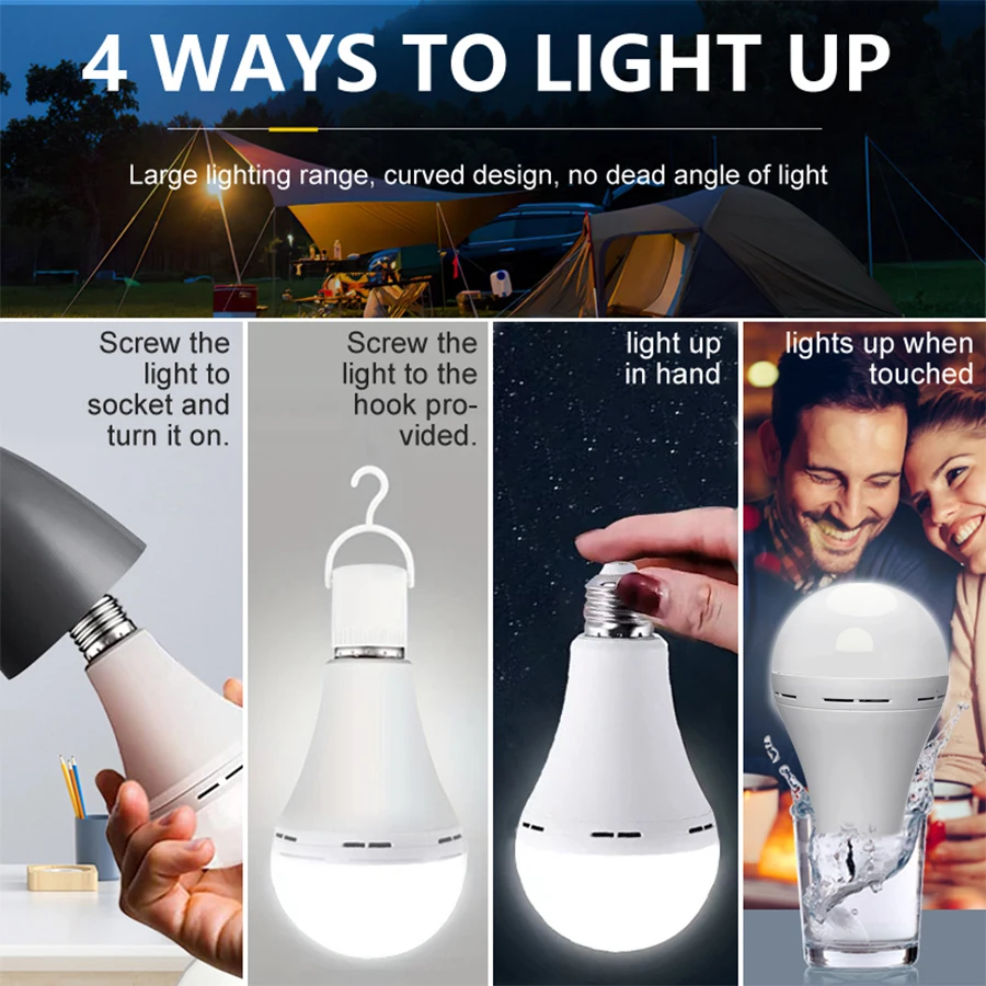 LED Rechargeable Light Bulb High Brightness 7W 9W 12W 15W Emergency LED Lamp Bulbs for Outdoor Camping Home Power Failure Porch