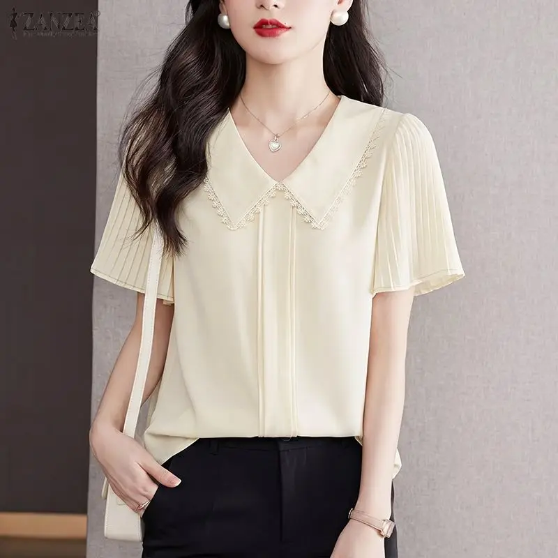 

Women Summer OL Work Blouse ZANZEA Elegant V Neck Short Sleeve Office Shirt Female Lace Trims Tops Holiday Blusas Tunic Mujer