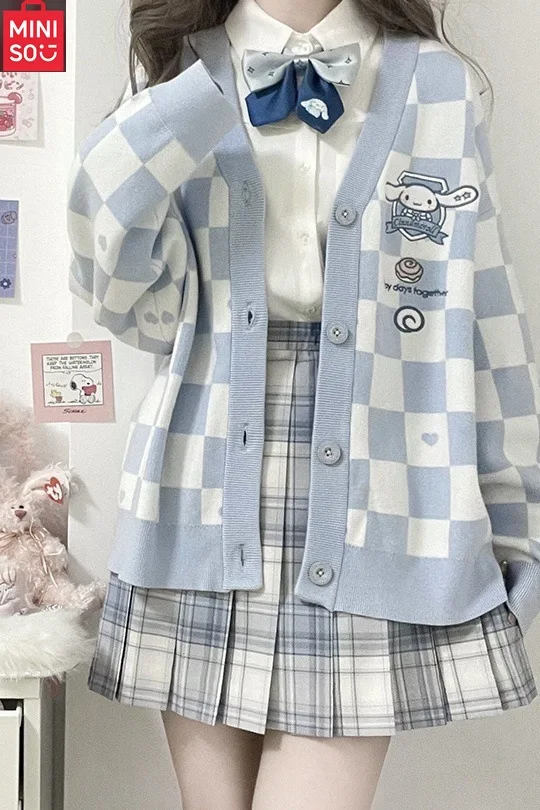 

Свитер-кардиган в шахматном порядке MINISO, вышивка Yuguigou, новый осенне-зимний свободный и милый топ в студенческом стиле