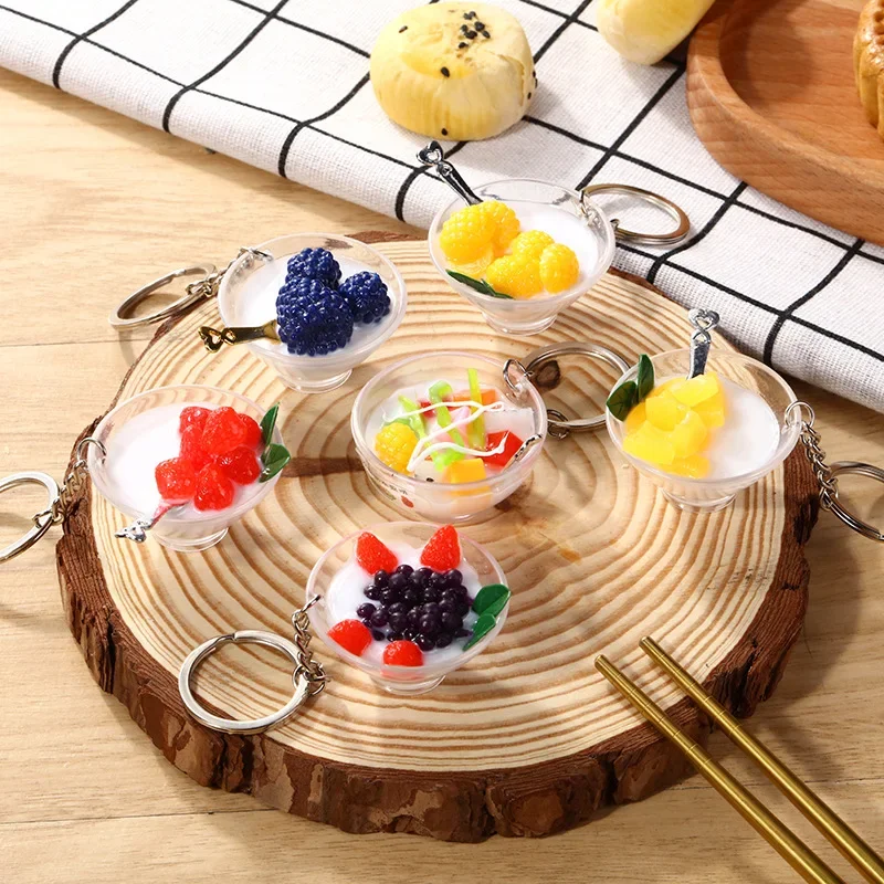 New Bowl of Simulated Fruit Key Chain Creative Beauty Reduced Fat Yogurt Food Play Model Student Personality Fun Bag Car Pendant