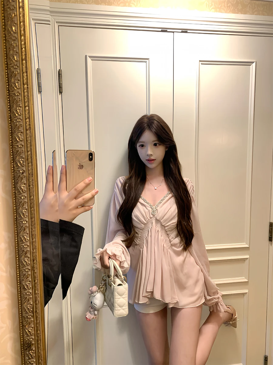 

Ele V-Ne Lace irt Весна Осень Новый Sle Нежное сложенное сверло Long Sve Girls Свободная посадка Faionable Sogj