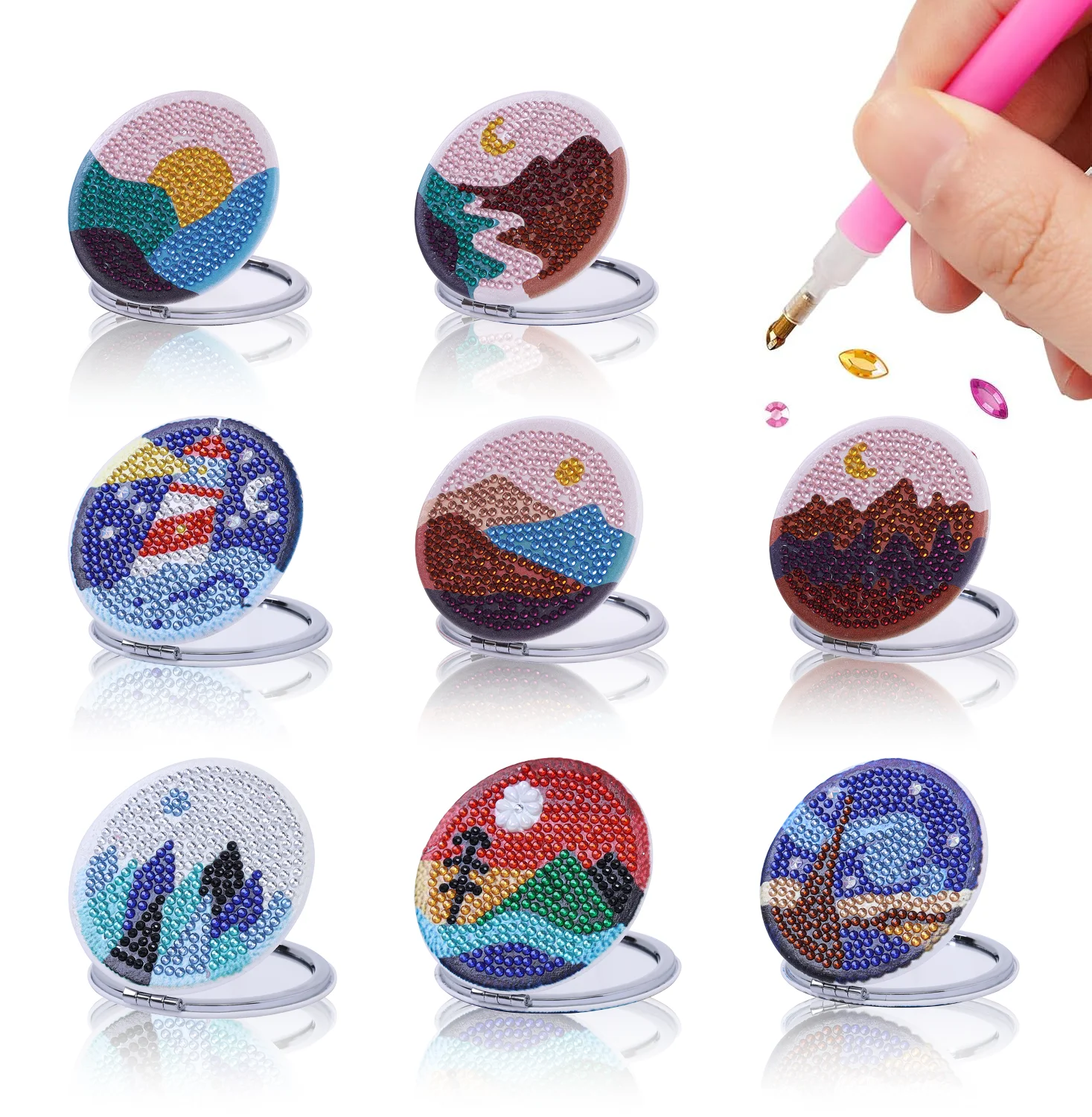 

1 шт. складное зеркало для макияжа с алмазной вышивкой, набор для алмазной вышивки с пейзажным узором, подходит для украшения макияжа для женщин