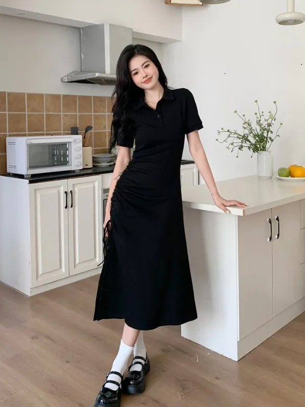 

plus Size Women's Bla Asymmetrical High Waist Long Dr Summer New Sle Commute Korean Sle Slim Fit ort Sve Dr