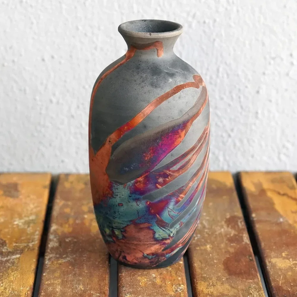 7 inch Raku Ceramic Pottery Vase - Carbon Half Copper Matte Raku Pottery with Water Tube Gifts for her mom, Boho, Home Decor