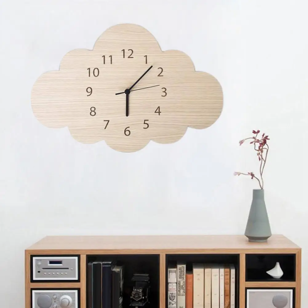 Mute Wooden Wall Clock Cloud Shape Nordic Bedroom Kids Room Home Decoration