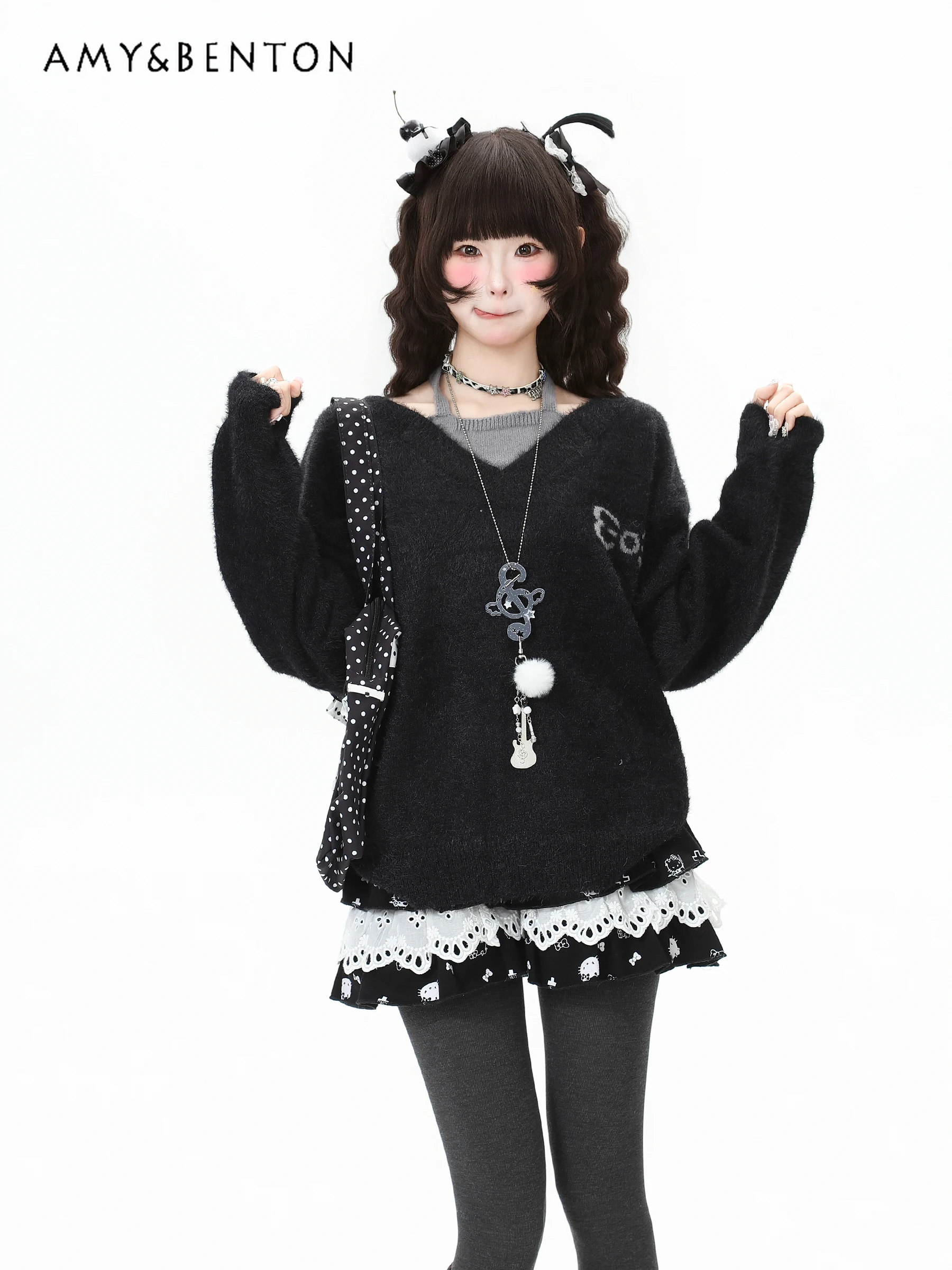 

Осень-зима 2022, новый женский комплект из двух предметов из искусственного норкового бархата, зеленый, черный, свободный повседневный мягкий вязаный свитер с лямкой на шее