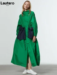 Lautaro Spring Autumn Extra Long Oversized Green Trench Coat for Women with Big Pockets Drawstring Luxury Designer Fashion 2022