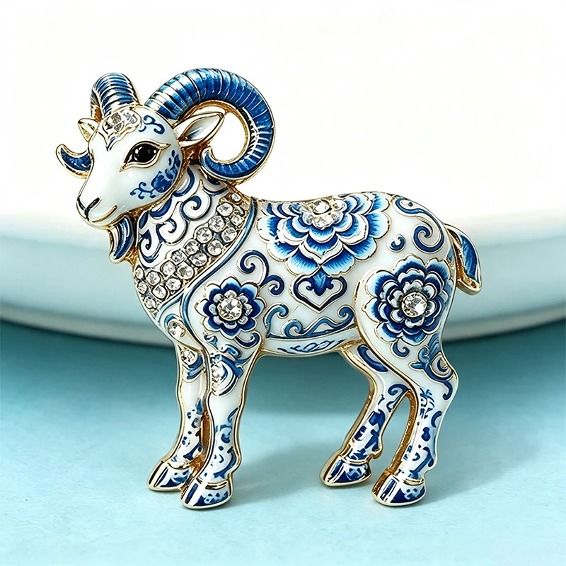 Wuli&baby Blue-and-white Porcelain Design Goat Brooches For Women Men Year Of The Sheep Animal Party Brooch Pins New Year Gifts
