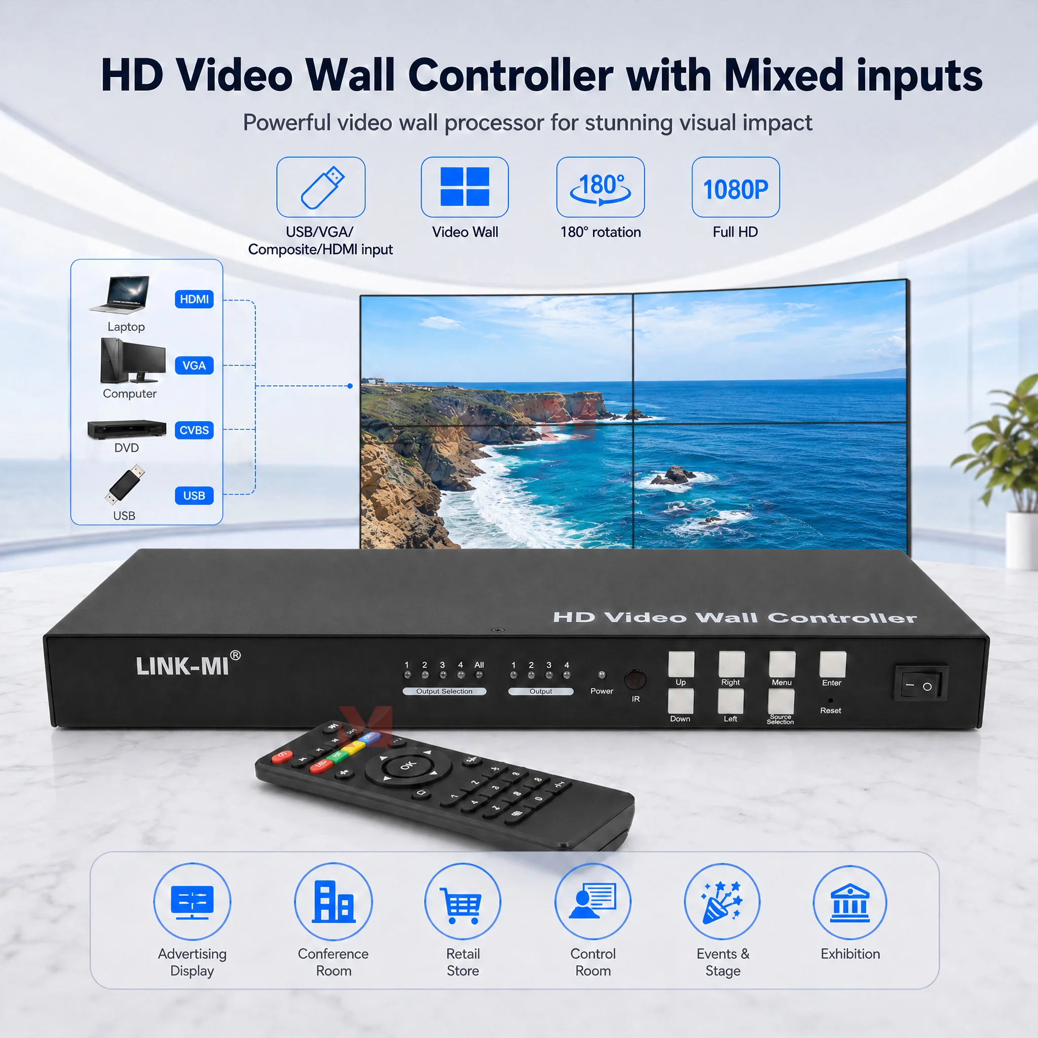 

HD Video Wall Controller with USB VGA Composite HDMI inputs 2x2 Video Wall Controller 1080P