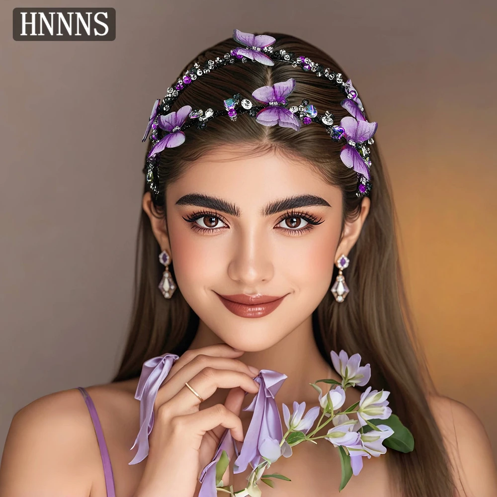 

HNNNS Double Row Butterfly Headband Purple Crystal Tiara Headdress Glamour Girl Headpiece Bride Wedding Hair Accessories A160