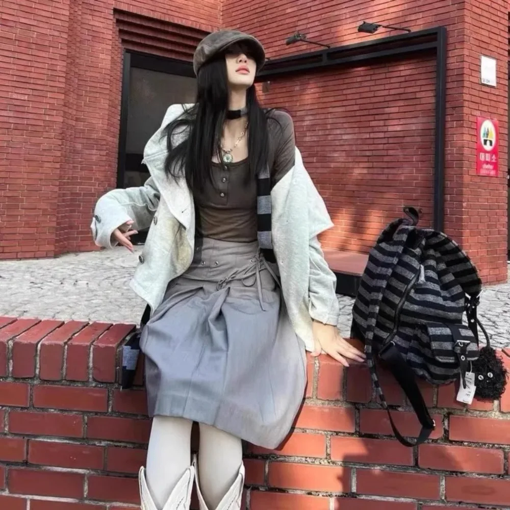 High Quality Korean Style Backpacks Drawstring Design Large Capacity Casual Bookbags Soft Flat Stripe Tote Bags