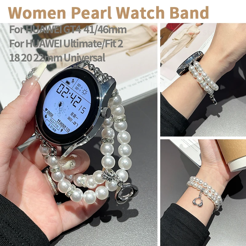 18 20 22mm Beaded Watch Strap for Huawei Watch GT 4 41 46mm Women Pearl Bracelet for Huawei GT2 GT3 Pro Love Pendant Accessories