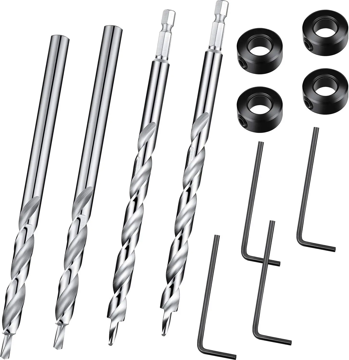 

4-Piece 3/8 Inch Pocket Hole Drill Bits with Depth Stop Collar, Hex and Round Shanks for Manual Jig Systems