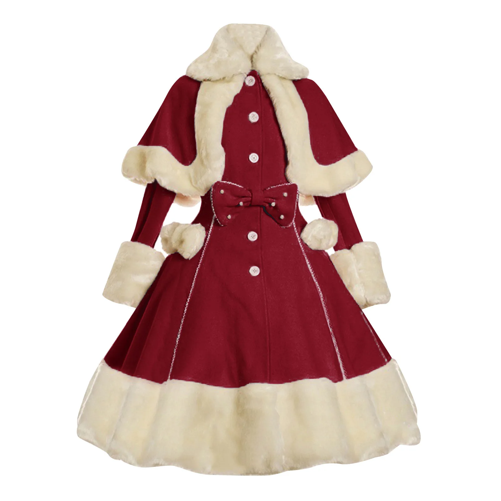 Vintage Gothic Lolita Dress Suit Women Fur Collar Long Sleeves Shawl Cute Single Breasted Winter Warm Thick Bow Dresses Costume