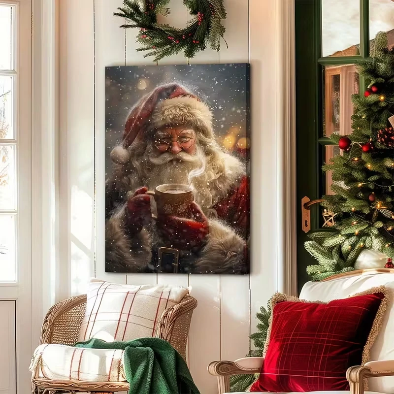 

Christmas Canvas Posters, Santa Claus Drinking Coffee in The Heavy Snow, New Year Gifts, Wall Decorations, Winter Decorations