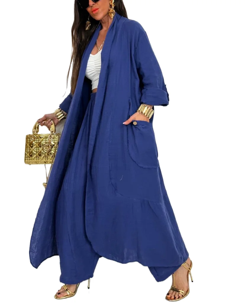 

Fashion Casual Two Piece Set Spring Loose Long Sleeves Big Pockets Extended Cardigan High Waist Wide Leg Pants Set For Women