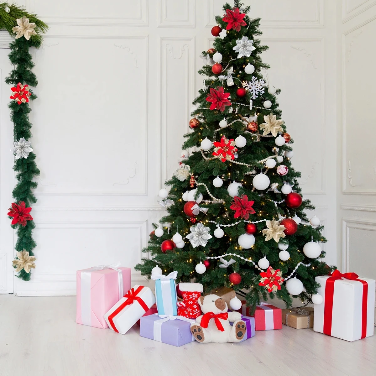 زهور كريسماس وردية لامعة ، زخارف زهور صناعية ، ديكور للمنزل ، شجرة الكريسماس ، السنة الجديدة ، 14 ، عيد الميلاد ، 5 * * * #5