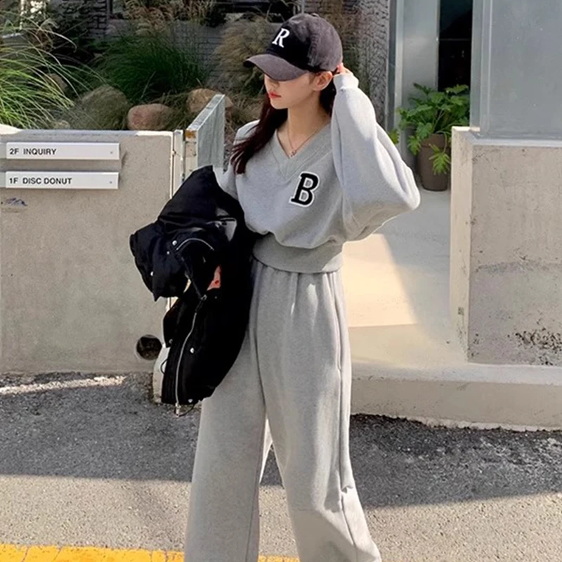 Conjunto de mole com capuz de manga crida e forro de lã para outono/inverno, calça casual de cintura alta e perna larga...