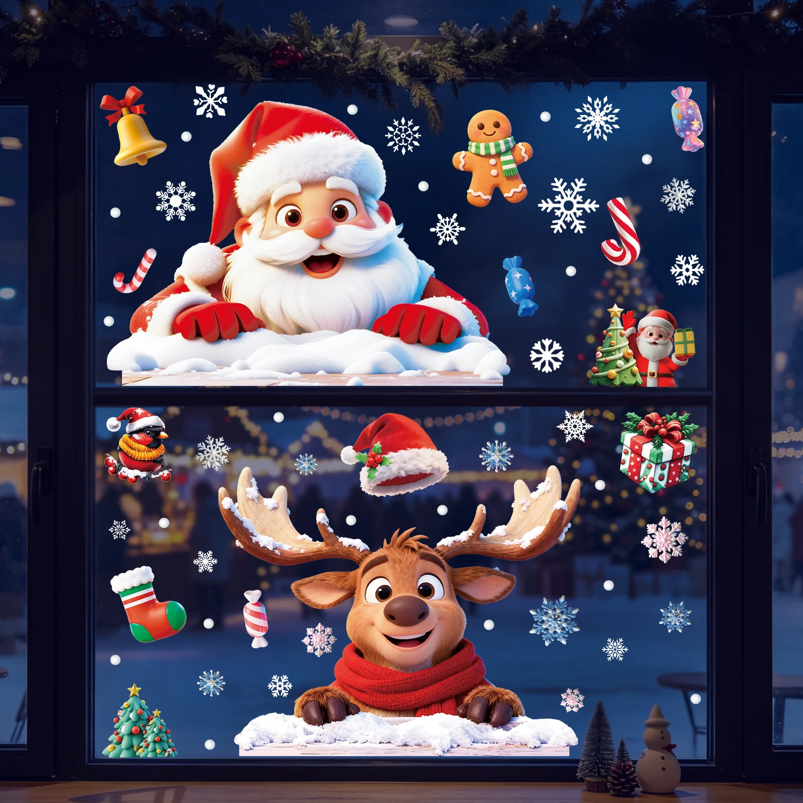 Christmas Static Stickers, Snowflake Reindeer Santa Claus Glass Decals for Mall Window & Holiday Scene Arrangement