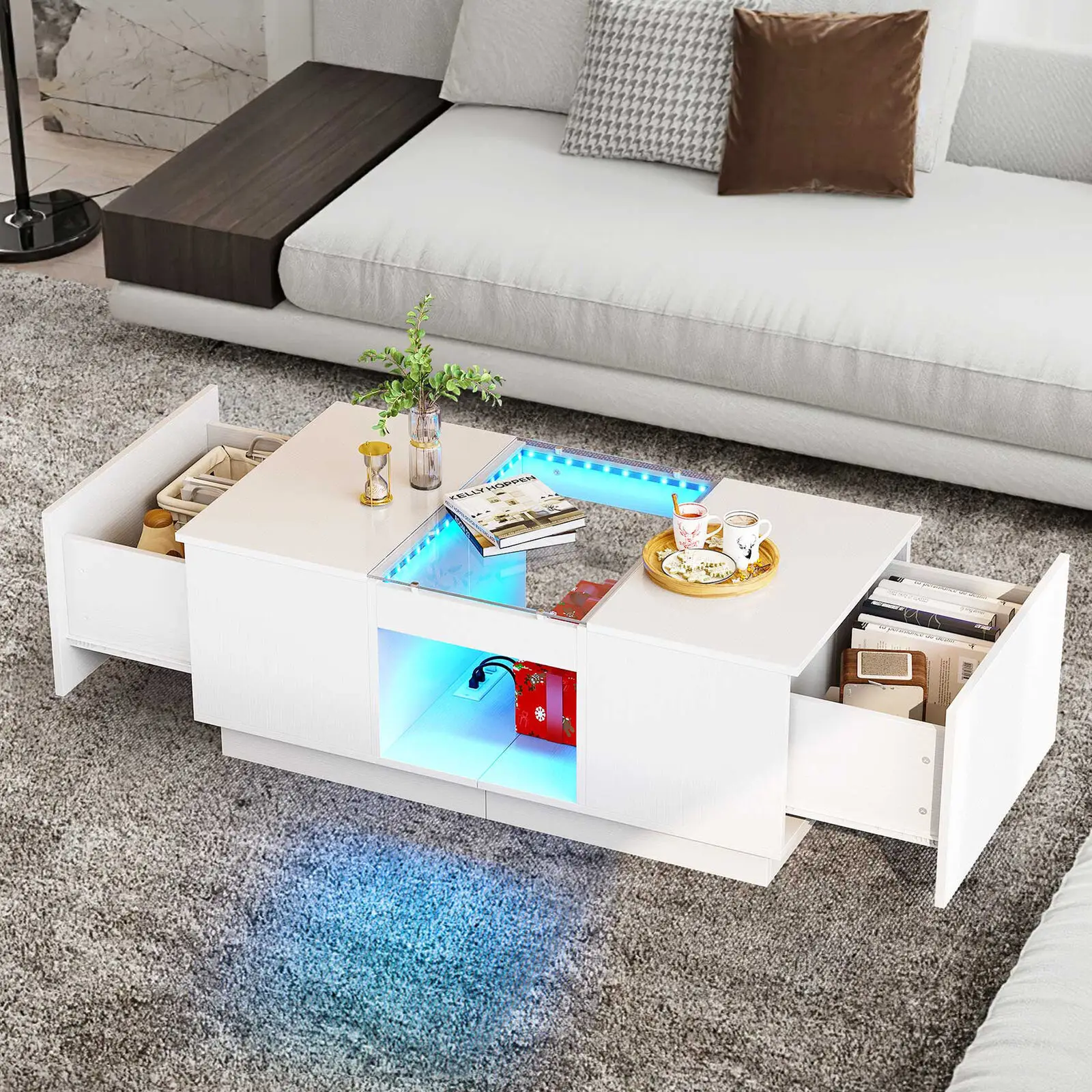 LED Coffee Table Modern Center Table with Charging Station Large Storage Drawers