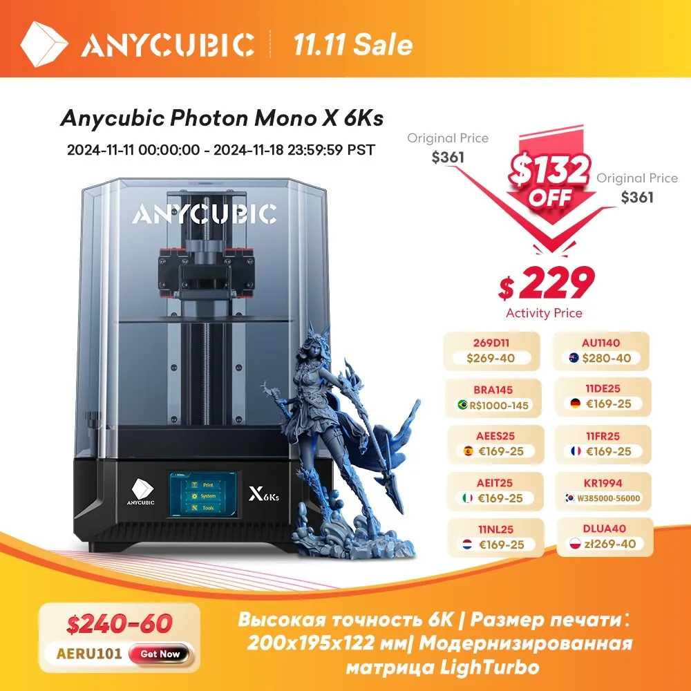 

3D Printer ANYCUBIC Photon Mono X 6Ks LCD 9.1'' 6K Large Screen 3D Printing 4.76L Build Volume UV Resin SLA 3D Printers