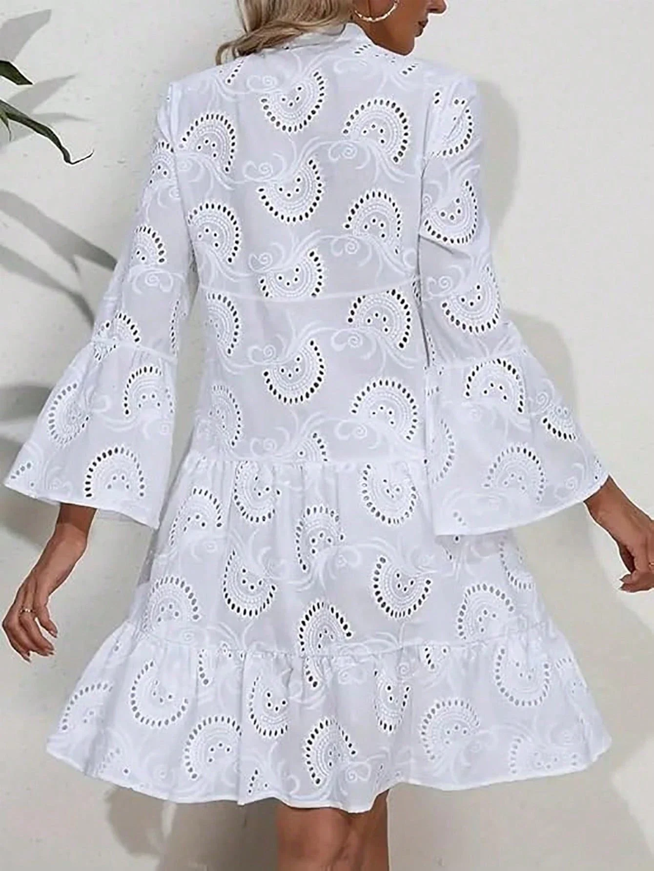 

Bohemian White Hollow Out Crochet Long Sleeve Mini Dress For Summer Beach Vacation