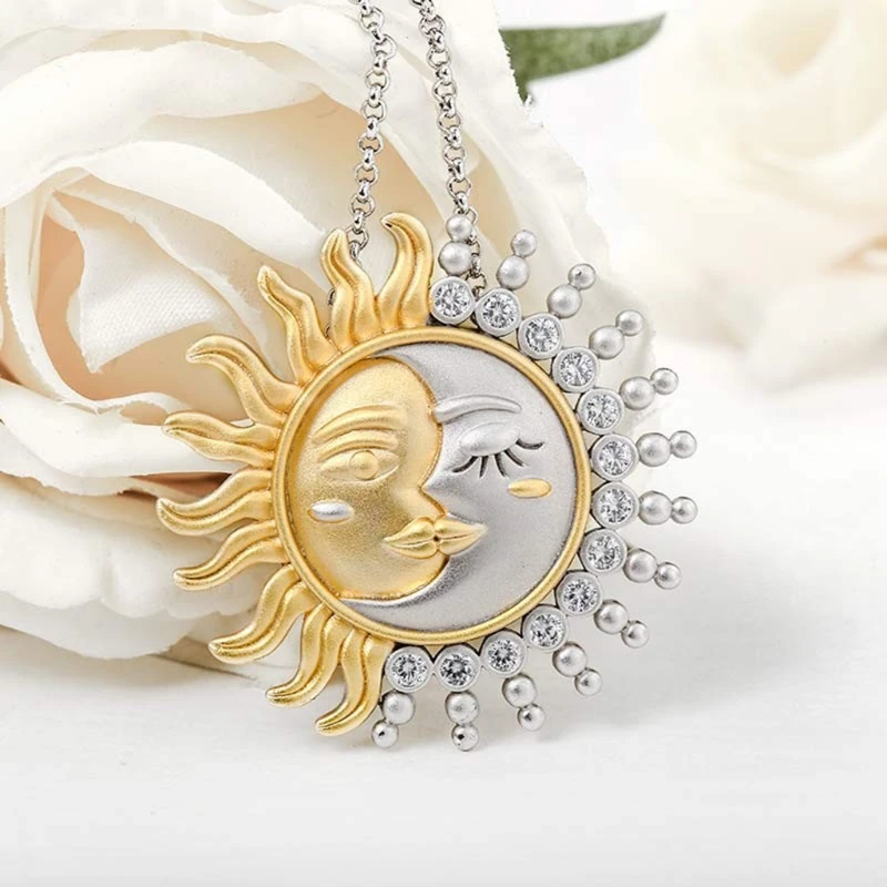 Two Tone Yellow Gold for Sun Moon Pendant Charm Necklace for Celestial Fine Jewe L21E