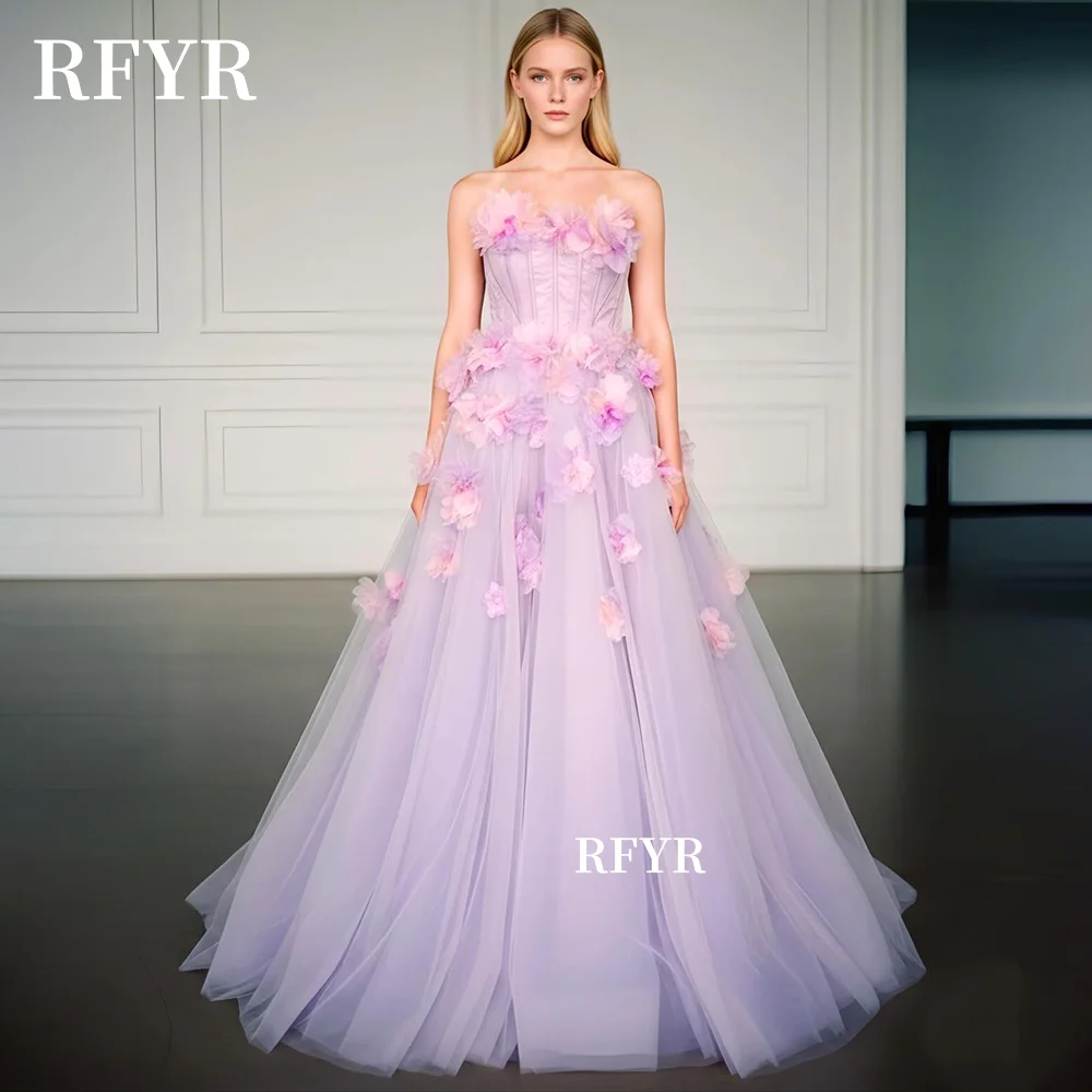 

RFYR Strapless Evening Dress with 3D Flowers Prom Dress Fish Boned Princess Gown فساتين مناسبة رسمي Customized
