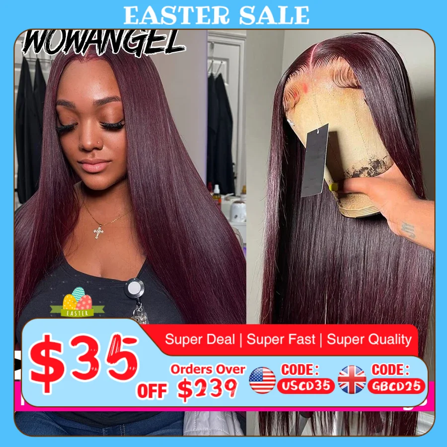 Perruque Lace Front Wig brésilienne naturelle, cheveux lisses, bordeaux foncé, 13x6 HD, couleur 99J, sans colle, pré-décolorée