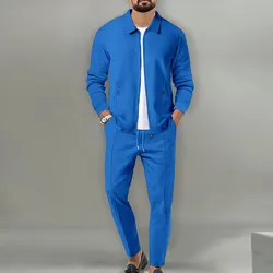 Veste et pantalon à manches longues pour hommes, costume décontracté, gaufré, poche zippée, printemps et automne