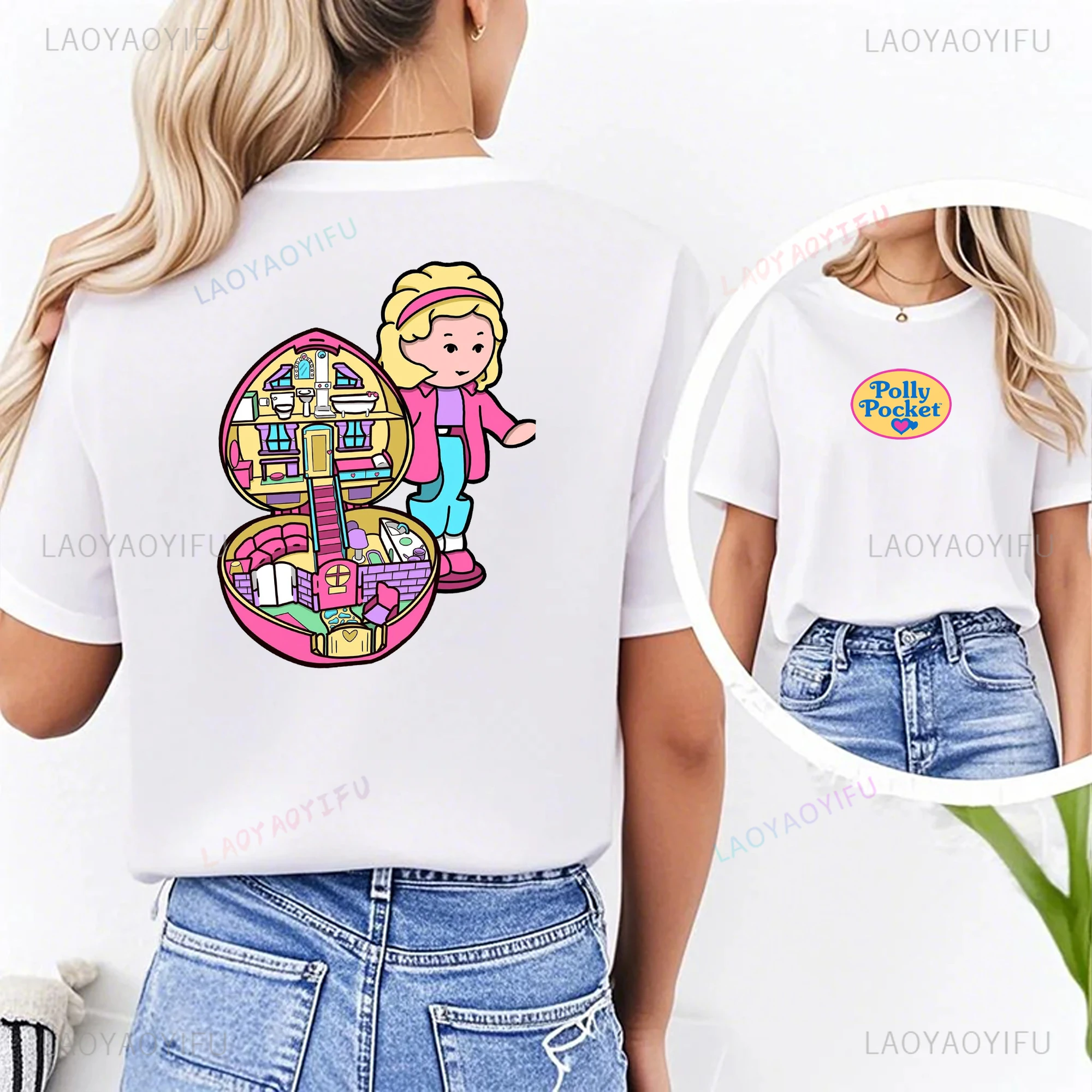 Kawaii Polly Pocket Printed T-shirt Cute Polly Pocket Tops Summer Male O-neck Short-sleeve Classic Pattern Cartoon T-shirt
