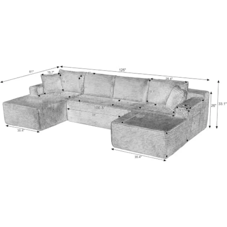 126 inch Boneless Couch, U-Shaped Modular Sectional Sleeper Sofa for living room, premium fabric, gray, reversible cushions and