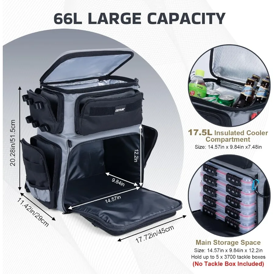 Goture الصيد على ظهره مع برودة 66L 600D معالجة على ظهره مع 3 أصحاب قضيب إيفا غطاء خوذة حامل غطاء للمطر المياه المالحة La #4