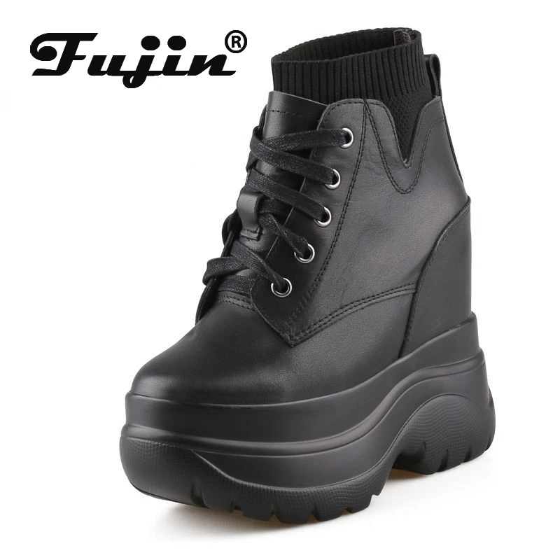 

Fujin 11cm Cow Genuine Leather Women Platform Wedge Spring Sneaker Boots Hidden Heels Autumn Knee High Mid Calf Booties Shoes