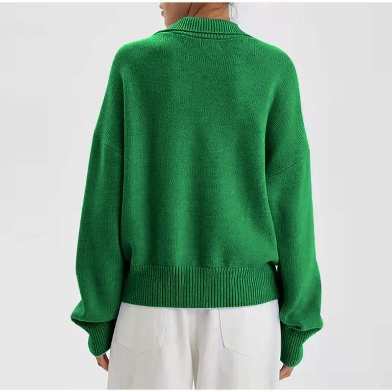 Jocoo Jolee Green Chic Women Polo Collar Knitted Pullover Casual Oversize Female Sweater Solid Color V Neck Jumper Streetwear