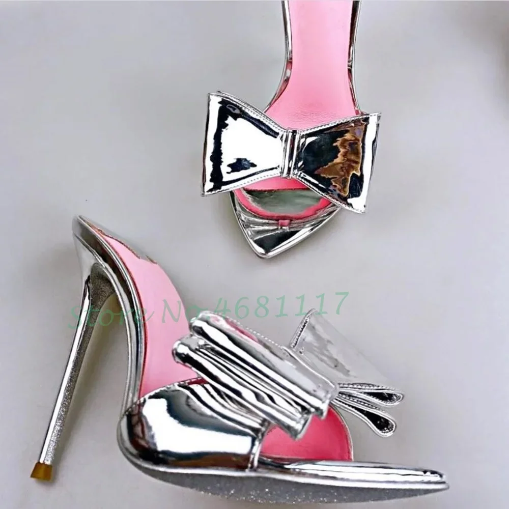 Butterfly Knot Pink Insole Slippers Women High Stiletto Heels Silver Patent Leather Pointy Toe Shoes Sexy Spring Ladies Slippers