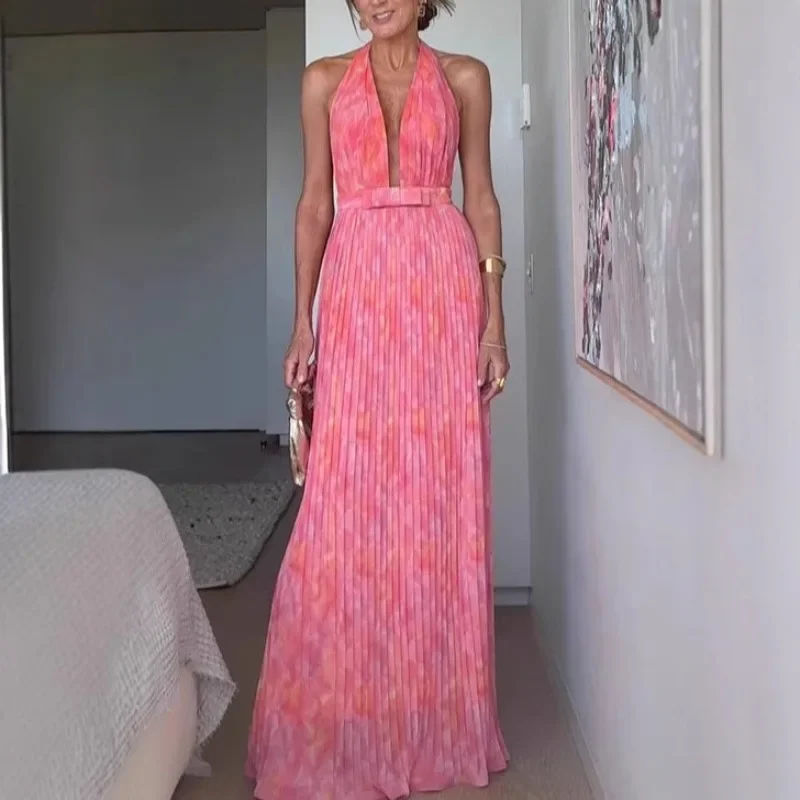 Elegant Sleeveless V Neck Backless Vacation Guest Cocktail Floor Length Dress 2025 Summer Women Pleated Boho Party Dress