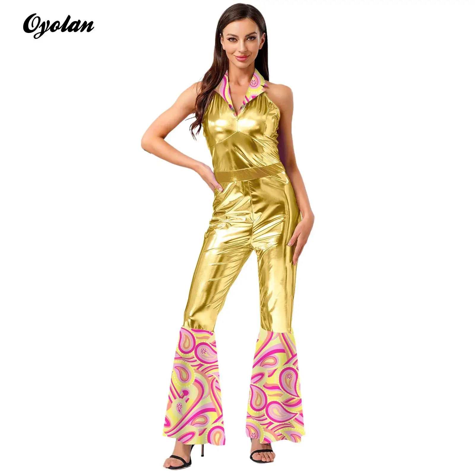 

Женский комбинезон 70-х годов в стиле диско-хиппи-вальс, винтажный комбинезон с лямкой на шее и принтом, блестящие расклешенные комбинезоны, длинные брюки, костюмы для джаза, латинского танго