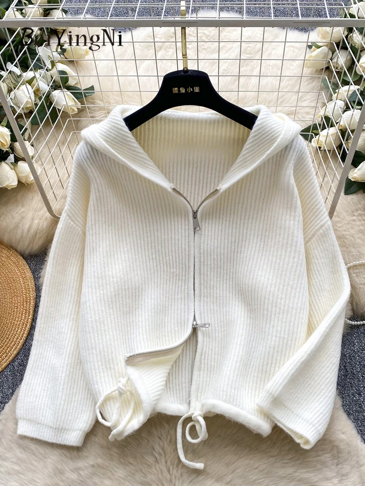 

Beiyingni Korean Zipper Cardigans Women Solid Color Drawstring Full Sleeve Sweaters Female Warm 2025 White Knitted Hooded Coats