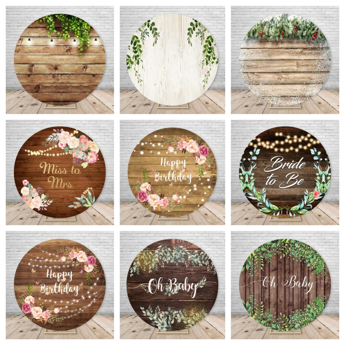 Baby Adult Birthday Brown White Plank Round Photography Background Elastic Party Decoration Background Cover Customized