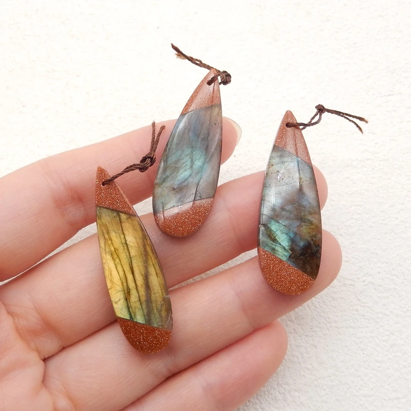 

3Pcs Natural Stone Red River Jasper Labradorite Teardrop Pendant Beads Fashion Jewelry Necklace Accessories 38x13x5mm 11g