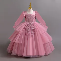 New long-sleeved flower girl wedding skirt Children embroidered cake tulle performance clothes suitable for 4-12 year old girl