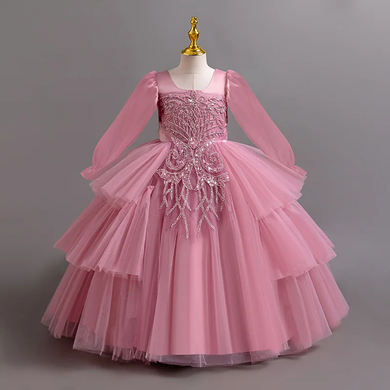 New long-sleeved flower girl wedding skirt Children embroidered cake tulle performance clothes suitable for 4-12 year old girl