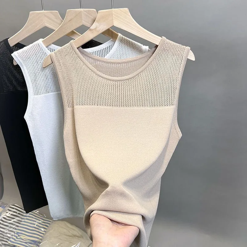 Gilet estivo in seta di ghiaccio sottile lavorato a maglia pullover scavato casual stile coreano moda casual 2025 canotte da donna