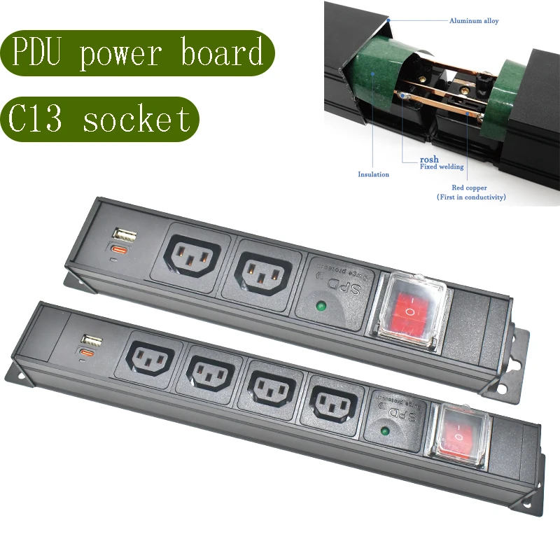 Aluminum alloy shell high-power C13 socket 1-8AC, with C14 port double break switch surge protection TPC charging