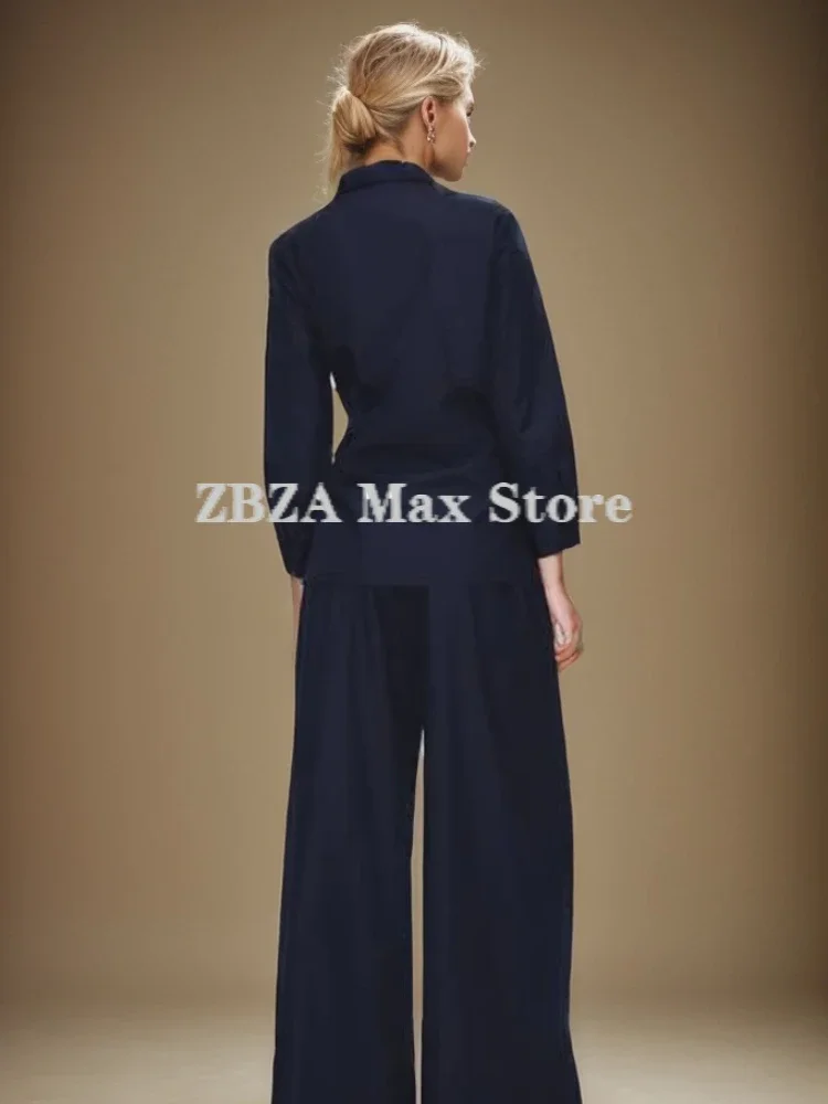 ZBZA Women Bow Shirt Loose Pant Set Lapel Long Sleeve Single Breasted Top Elastic Waist Tie Wide Leg Pant Autumn Female New Set